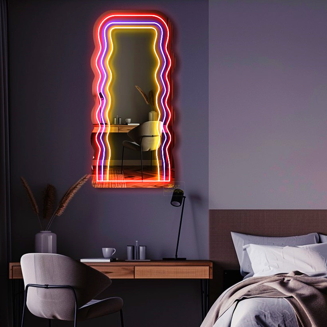 Wavy Mirror Neon Sign Custom Led Light Home Decor Bedroom Led top Cool Mirror Stainless steel Sign